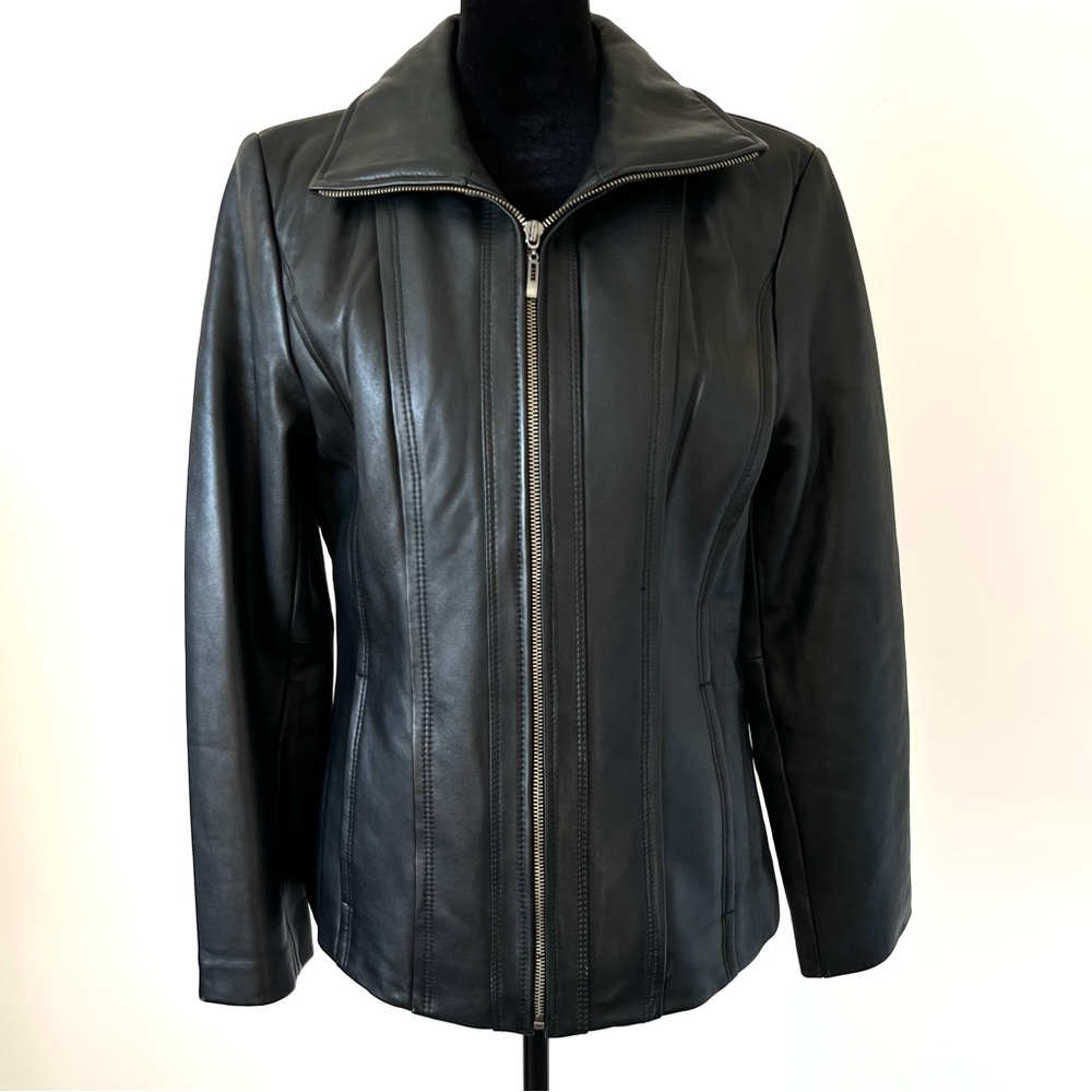Vtg Kenneth Cole Reaction Black Leather Biker Moto Jacket Zipper Women Size Med